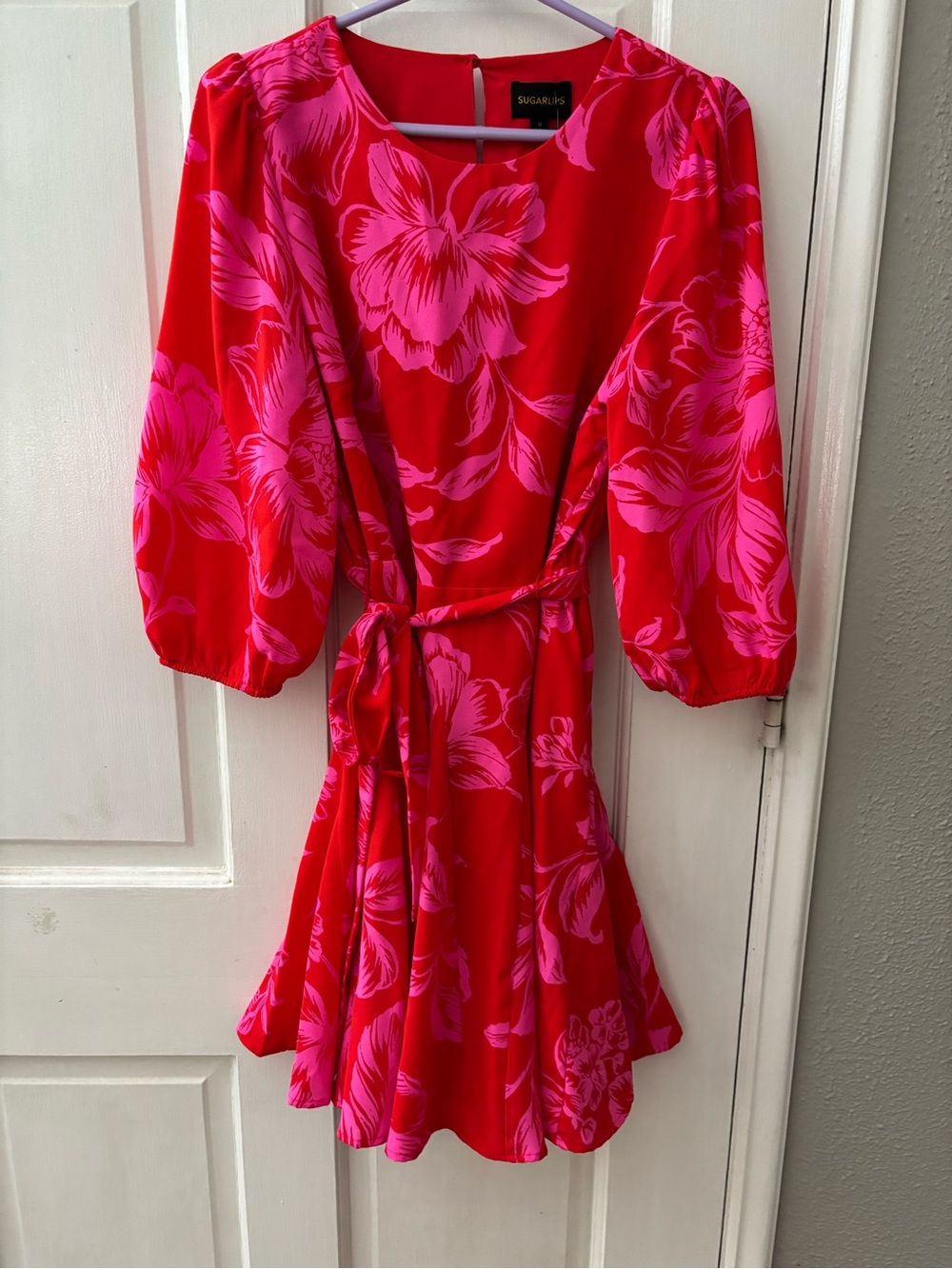 SugarLips Red/Pink Floral Fit & Flare Mini Dress M 3/4 Puff Sleeve Button